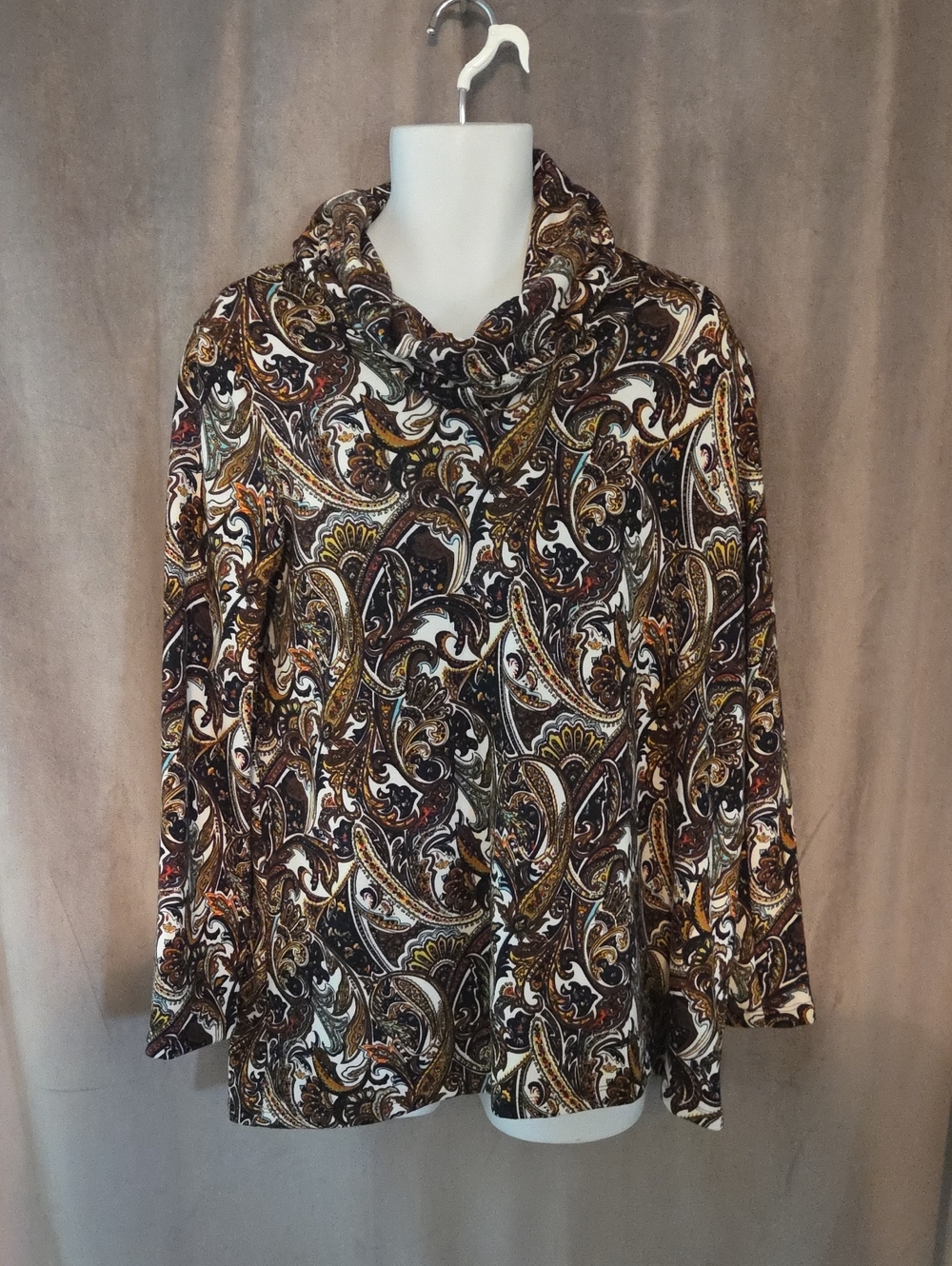 XL Cowl-Neck Paisley Tunic Top in Brown & Cream